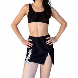 Danielle Guizio Black Pinstripe Mini Skirt with Lace-Up Detail and Pinstripe Bra
